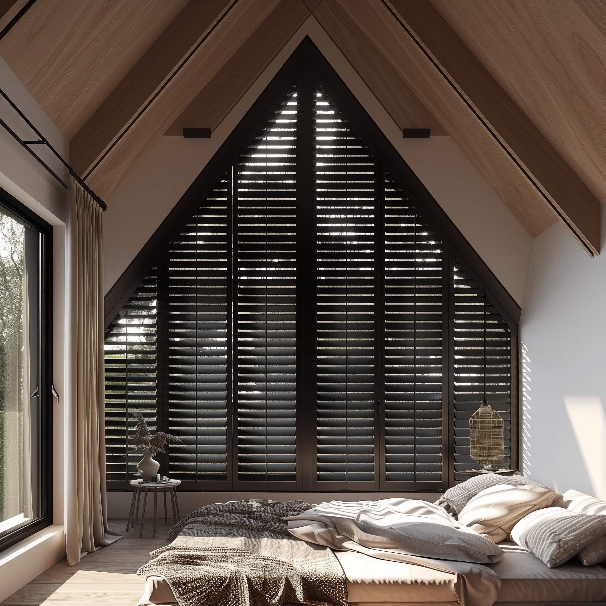 NOVA Traditional black Pure wood shutters Triangular window bedroom